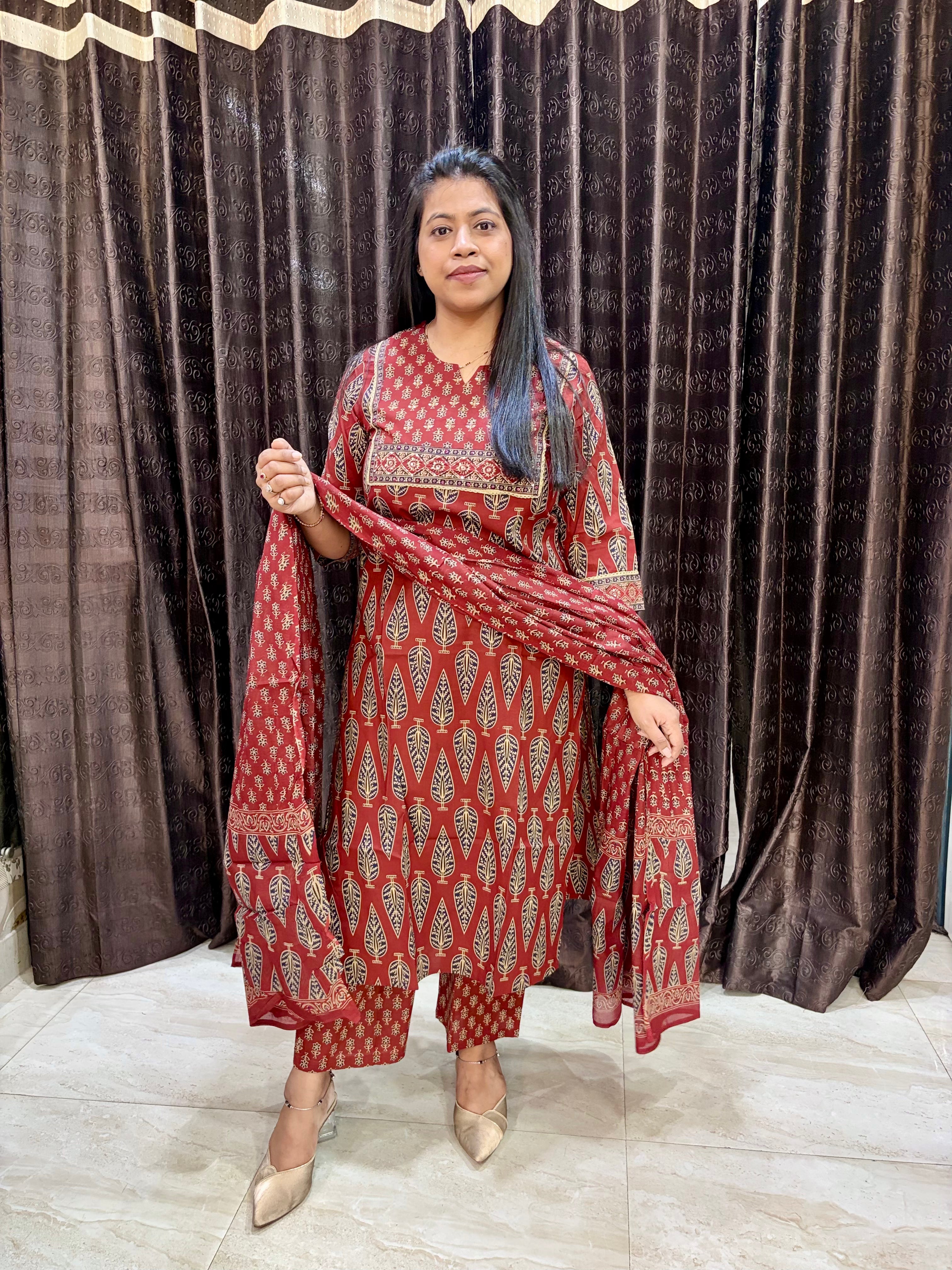 Red Brick Jaipuri Cotton Suit