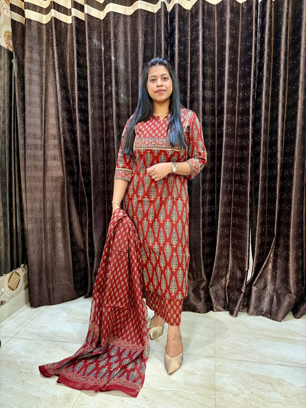 Red Brick Jaipuri Cotton Suit