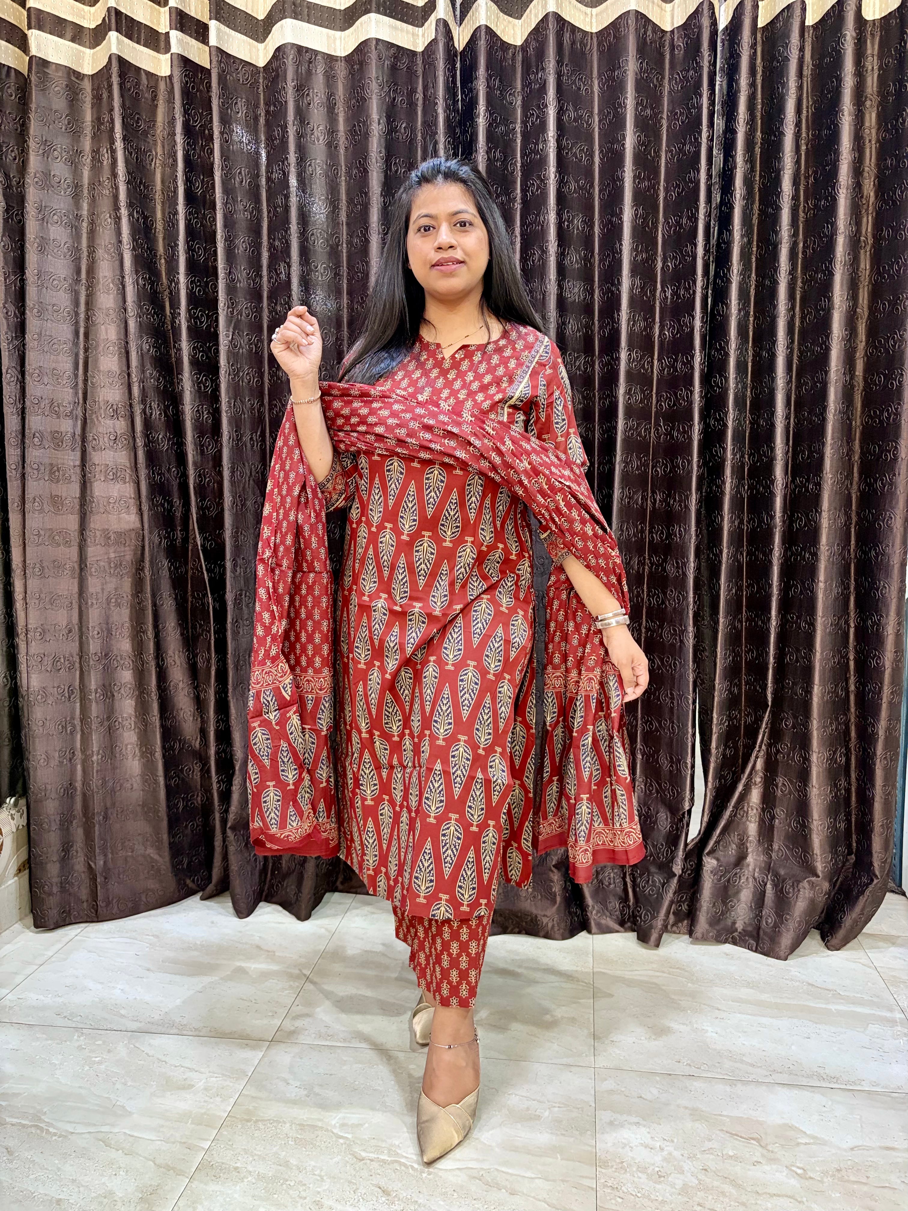 Red Brick Jaipuri Cotton Suit