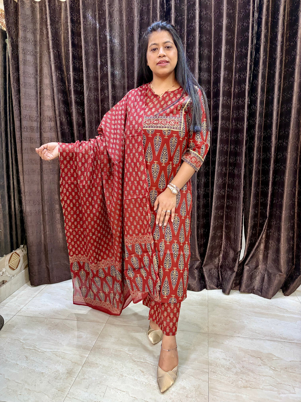 Red Brick Jaipuri Cotton Suit