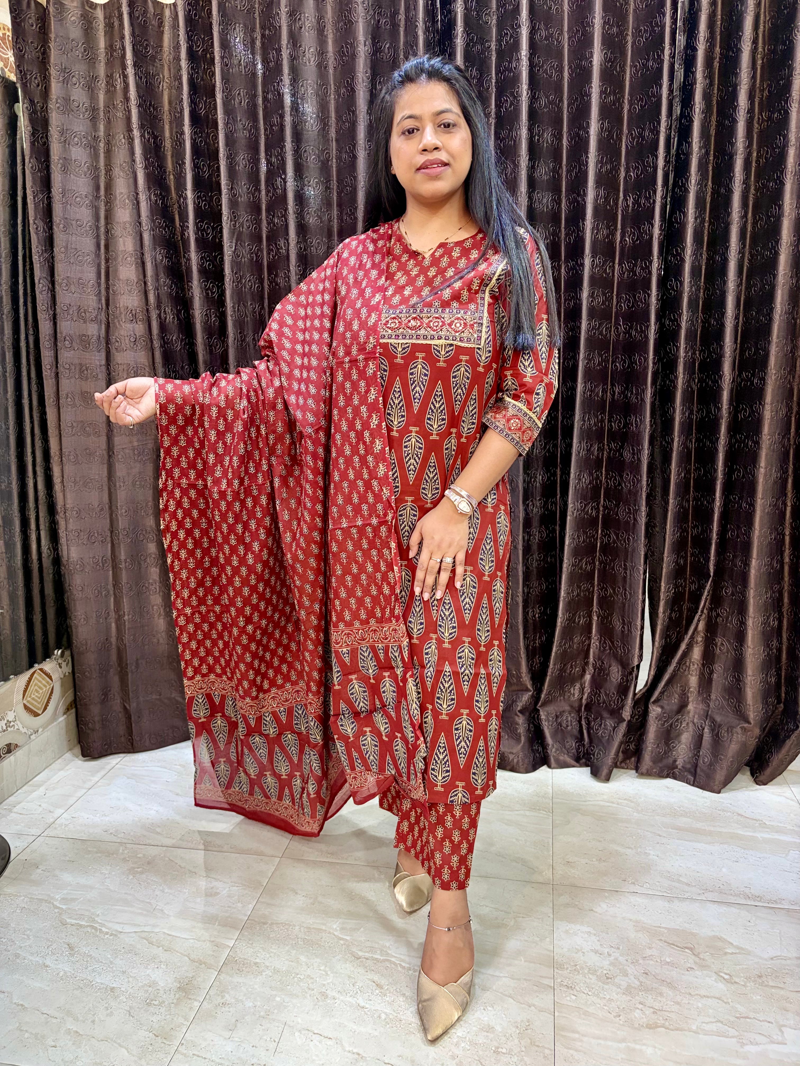 Red Brick Jaipuri Cotton Suit