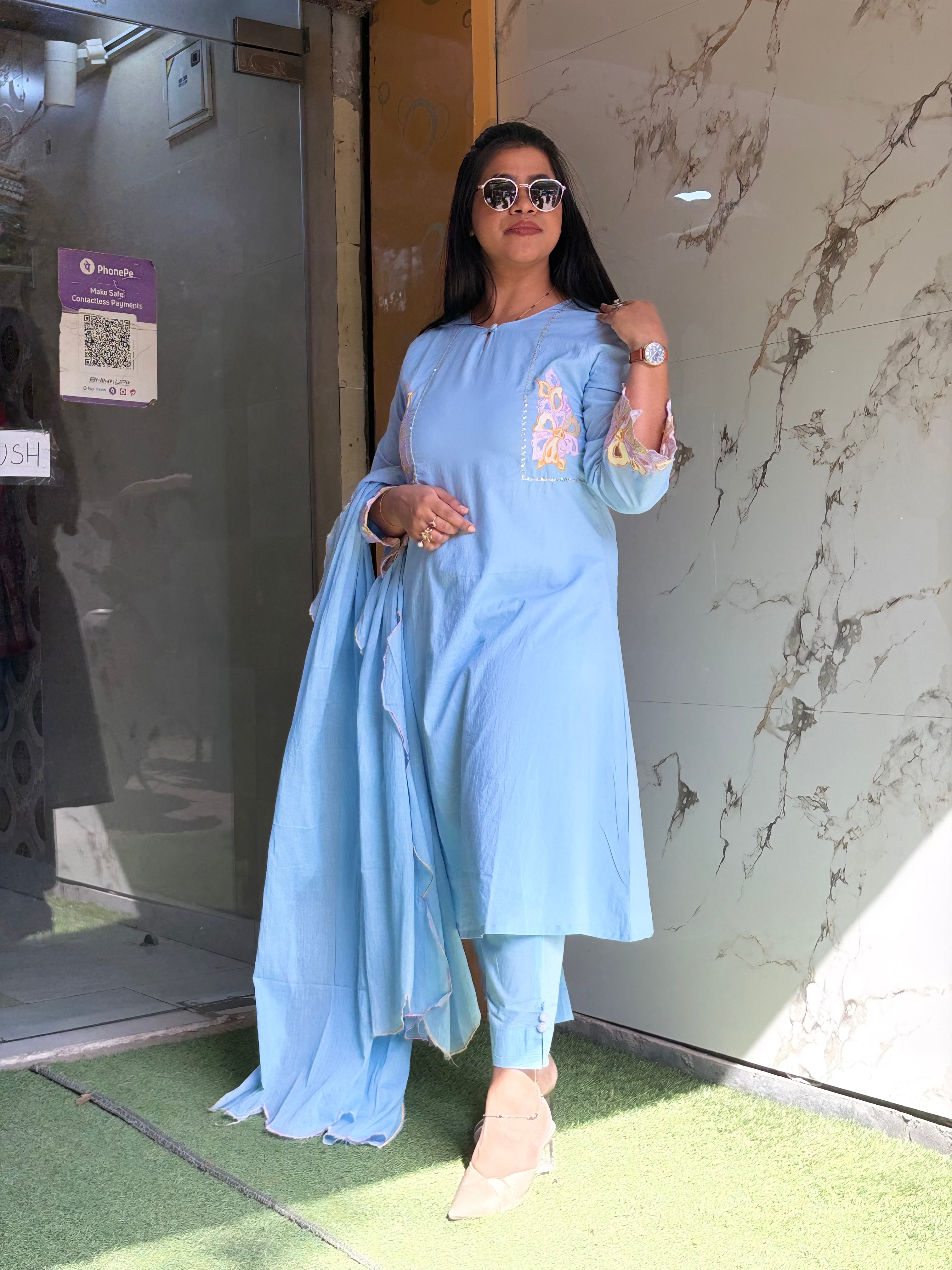 Sky Blue A Line Cotton suit